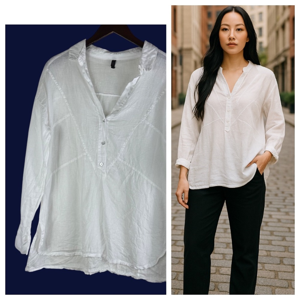 Inizio Italy Top Shirt Blouse Tunic Sz Medium LINEN White Coastal Chic